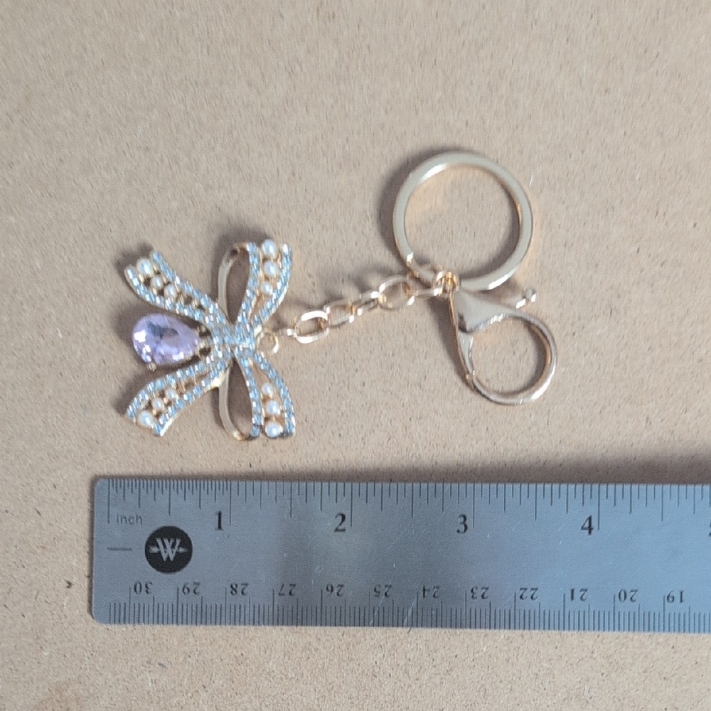Gold Bow Bag Charm Keychain with Light Pink Teardrop Crystal - Picture 6 of 7